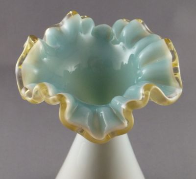 Opal glass vase, blue inner
Crimped and frilled rim
Keywords: blown;vase;sold
