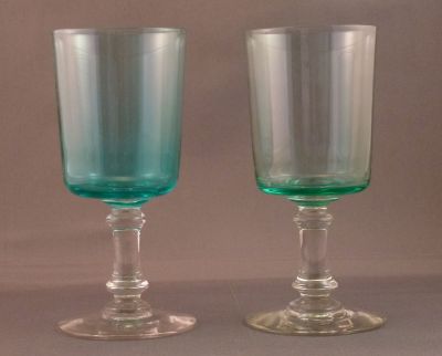 Blue uranium wine glasses
Note the shade difference. Probably Dutch
Keywords: barware;blown;frenchdutchbelg
