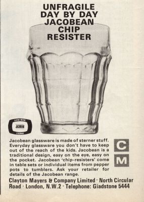 Clayton Myers Jacobean advert Nov 1967
Family circle advert. Glass made by Davidson
Keywords: barware;british;pressed