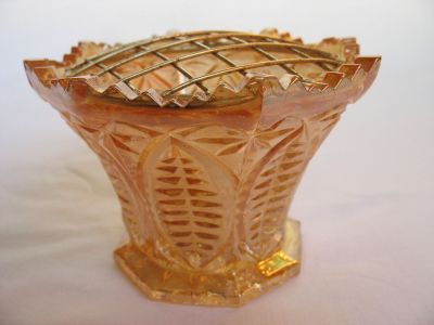 Sowerby African Shield
Posy with brass-plated grid, sometimes found as a preserve with a flat lid. Marigold 
Keywords: british;sold;vase;pressed