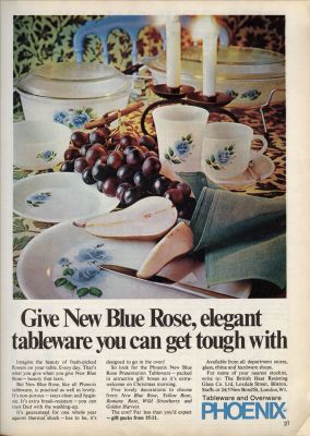 Phoenix Blue Rose tableware advert Nov 67
British Heat Resisting Glass Co. (United Glass subsidiary 1966)
Keywords: blown;british;table