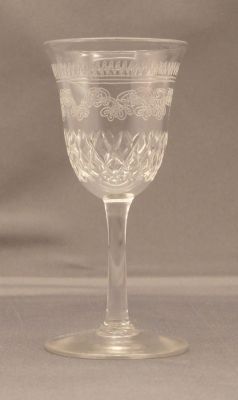 Plate-etched and cut liqueur glass
Three part construction, possibly lead crystal. 3.5 in tall
Keywords: barware;blown;table;sold
