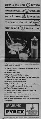Pyrex cookware advert 1960s
James A Jobling
Keywords: british;blown;kitchenware