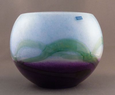 Caithness Horizon?  7822 Round Bowl
Very thick glass with complex structure: gather; blue and white frit; gather; white frit; green strapping; and purple frit (or gather) over base. Possible ID from 1999 price list (thanks WS)
Keywords: sold;blown;vase