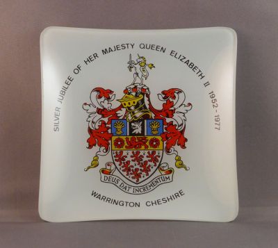 Chance commemorative ware, 1977
Queen Elizabeth Jubilee, Warrington Town coat of arms. 5.5 in square
Keywords: british;sold