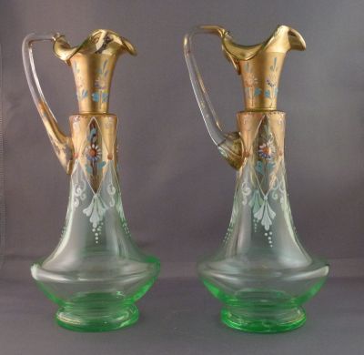 Indivdual decanters
Enamelled and gilded. Bohemian? Rough pontil mark
Keywords: barware;czech;blown;enamelgilt