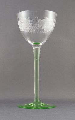Engraved uranium stem hock glass
Grapes and vine leaves
Keywords: barware;blown;cut