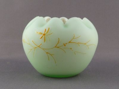 Bohemian enamelled rose bowl, green over white 
Typical yellow enamel for Bohemia. Gilding gone?
Keywords: czech;blown;enamelgilt;vase