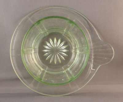 Small handled serving dish
Very pale green uranium glass
Keywords: pressed;table