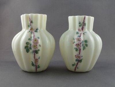 Harrach enamelled custard glass vases
True pair painted with wild roses
Keywords: blown;czech;enamelgilt;vase