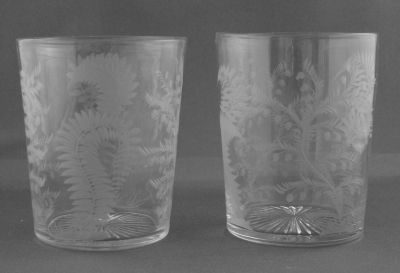 Heather and fern engraved water glasses
Victorian. Star cut and polished bases. Scottish, possibly Bathgate Glass Works or even Keller or Lerche (thanks F)?
Keywords: barware;british;sold