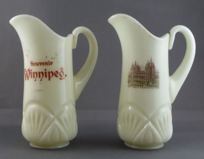 Heisey Pineapple and Fan souvenir 0.5pt pitcher
No. 1255. EAPG. 1898. Ivory custard glass. Individual size for whisky drinkers
Keywords: american;pressed;barware;enamelgilt;table