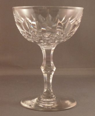 Champagne coupe, double hexagon cut
Polished pontil mark
Keywords: blown;cut;sold