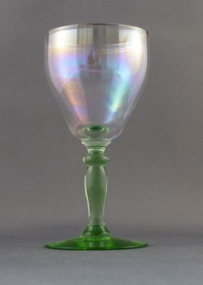 Iridescent, uranium-stem sherry glass
Gilded rim. 1950s? 
Keywords: barware;blown