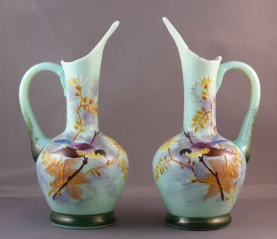 Bohemian enamelled jugs
True pair. Naive enamelling. Some loss of gilding
Keywords: blown;czech;enamelgilt;sold