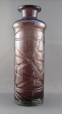 Mdina strapped amethyst bottle
Ground and reheated pontil mark, ground neck, so missing stopper
Keywords: blown;bottle;sale