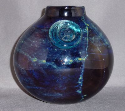 Mdina amethyst necked globe vase with prunt
Front. Blue Maltese cross prunt
Keywords: blown;vase;sold