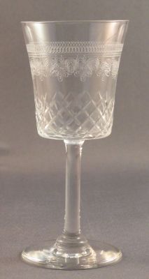 Plate-etched and cut liqueur glass
Very delicate. 3.5 in. tall. Likely English
Keywords: barware;blown;british;sold
