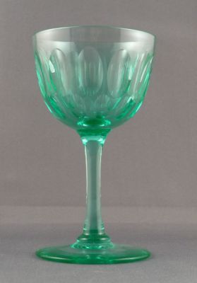 Percival Vickers? blue-green olive-cut wine glass
Large polished pontil mark, fire-polished rim, lead crystal
Keywords: barware;british;blown;cut