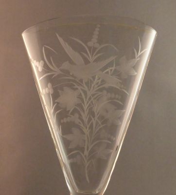 Engraved fan posy vase
Pheasant and leaves on the front
Keywords: british;blown;vase;sold