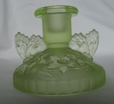 Sowerby 2552 Butterfly dressing table candlestick, green
Candlestick. Part frosted 
Keywords: british;sold;pressed;bathbed;candle