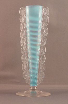 Blue-threaded bud vase
Victorian and likely English. Could be for spills. Rigaree over the threading
Keywords: blown;vase;sold