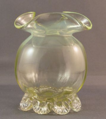 Opalescent, footed, trefoil posy vase
Probably English
Keywords: blown;vase;british