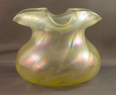 Walsh Walsh canary opalescent mother of pearl posy
Lead crystal with restruck opalescence. Small polished pontil mark
Keywords: blown;british;vase