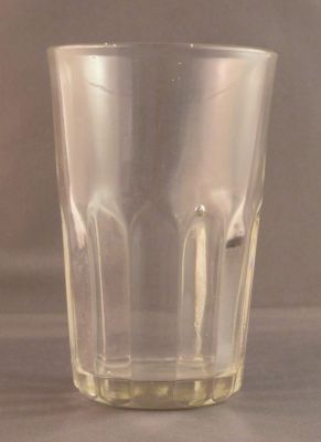 Ribbed water glass
Exteranl ribs. 4.5 in. tall; 3 in. diameter
Keywords: pressed;table;sold