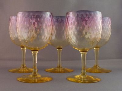 Webb Alexandrite honeycomb wine glass
A rare set of five!!
Keywords: barware;blown;british