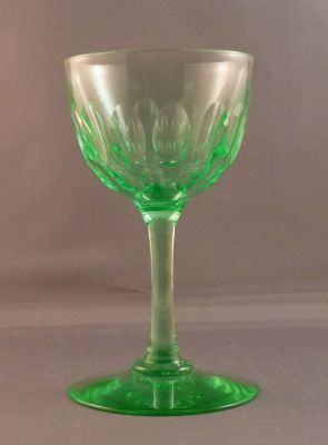 Percival Vickers? green olive-cut wine glass
 Large polished pontil mark, fire-polished rim, lead crystal, wide foot
Keywords: barware;british;blown;cut